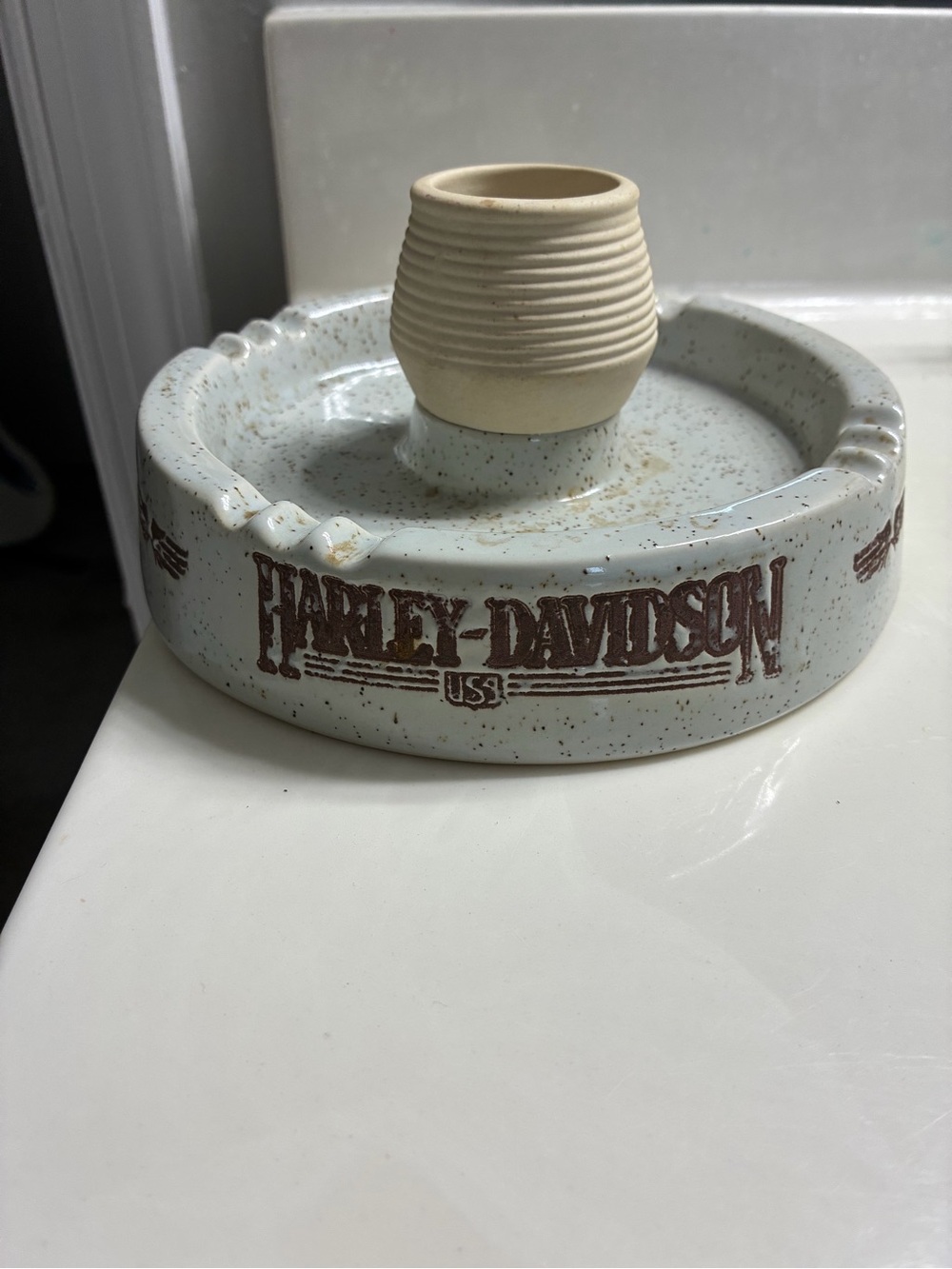 Vintage Harley-Davidson Cream and Brown Speckled Ceramic Ashtray with Logo